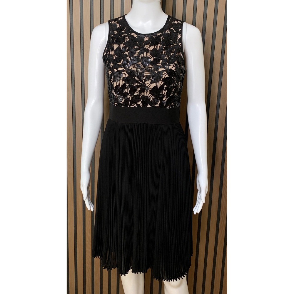 Eliza J Black Sequin Lace Pleated Cocktail Dress Sleeveless Size 2